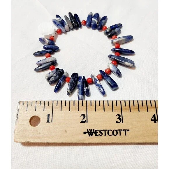 Sodalite Blue & White Stone Bead And Red Coral Bracelet 8" Wired - Picture 3 of 6